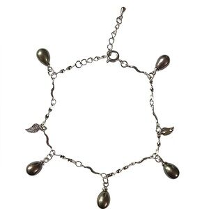 Freshwater Black Pearl Silver Tone Charm Bracelet 8”